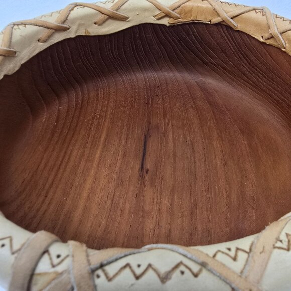 Wood Bowl 12" Leather Overlay Handmade Possibly Native American Round Wooded - Picture 11 of 14